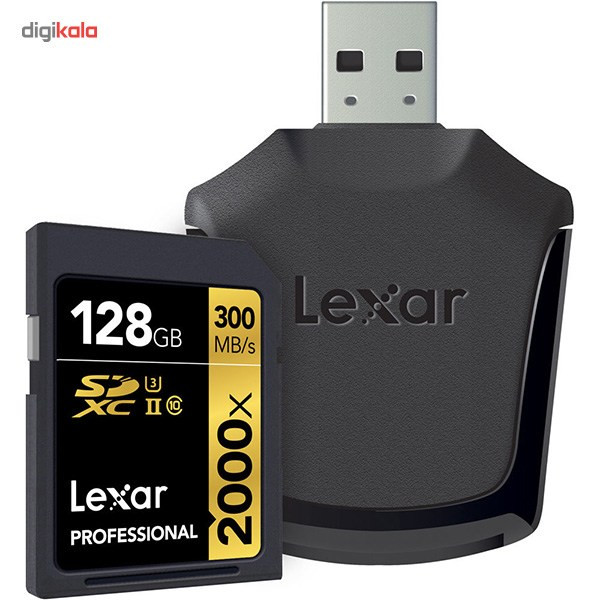 کارت حافظه SDXC لکسار مدل Professional کلاس 10 استاندارد UHS-II U3 سرعت 2000X به همراه ریدر UHS-II ظرفیت 128 گیگابایت