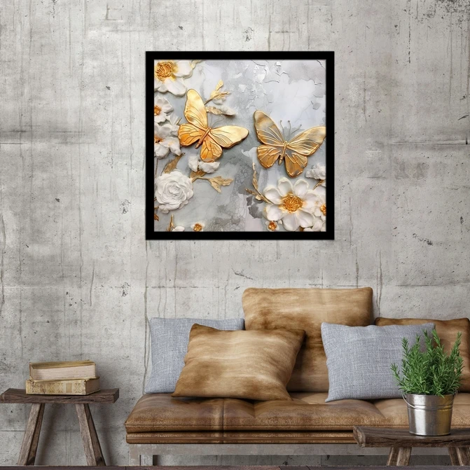 تابلو نوری بکلیت طرح گرافیکی پروانه طلایی و گل سفید مدل لایت باکس B-MID-19698
