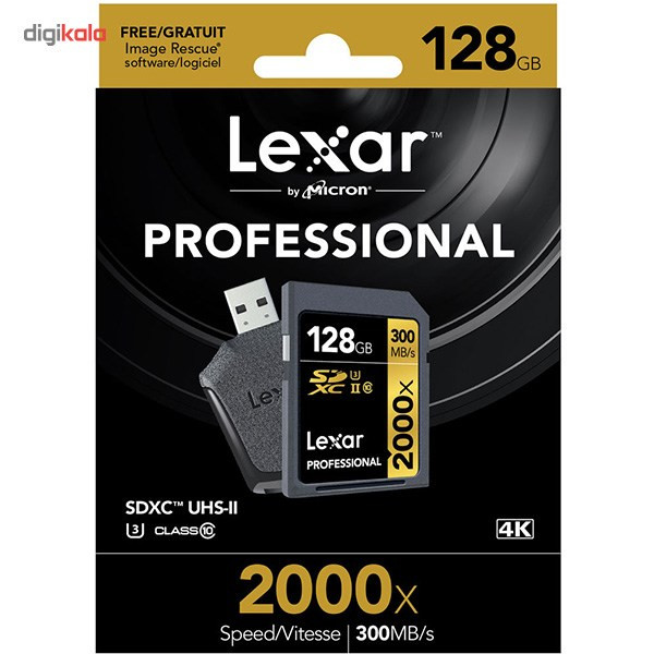 کارت حافظه SDXC لکسار مدل Professional کلاس 10 استاندارد UHS-II U3 سرعت 2000X به همراه ریدر UHS-II ظرفیت 128 گیگابایت
