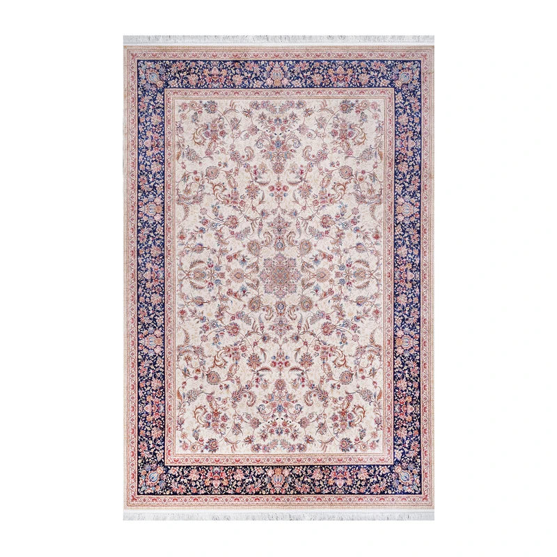 فرش ماشینی1200شانه زمینه کرم حاشیه سرمه ای مدل ماهور کد 5551