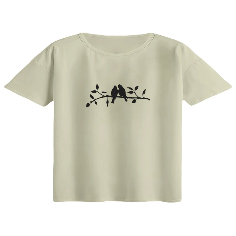 کراپ تی‌شرت آستین کوتاه زنانه مدل پرنده و شاخه