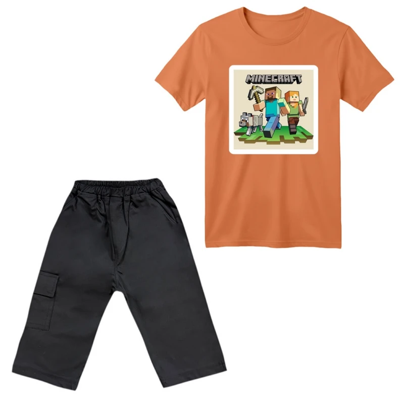 ست تی‌شرت آستین کوتاه و شلوارک پسرانه مدل ماینکرفت کد 001 رنگ گلبهی