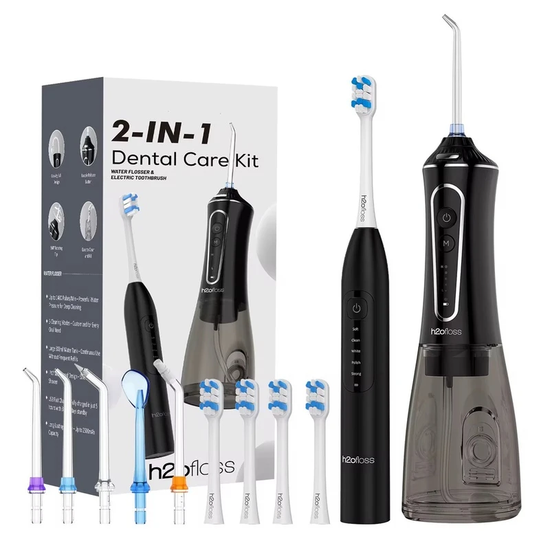 دستگاه شست و شوی دهان و دندان به همراه مسواک برقی ویبروسونیک شارژی اچ تو او فلاس مدل Clean Kit X1 با ۹ سری یدک ابعاد بسته بندی 250x110x90 ظرفیت مخزن 0.3 لیتر