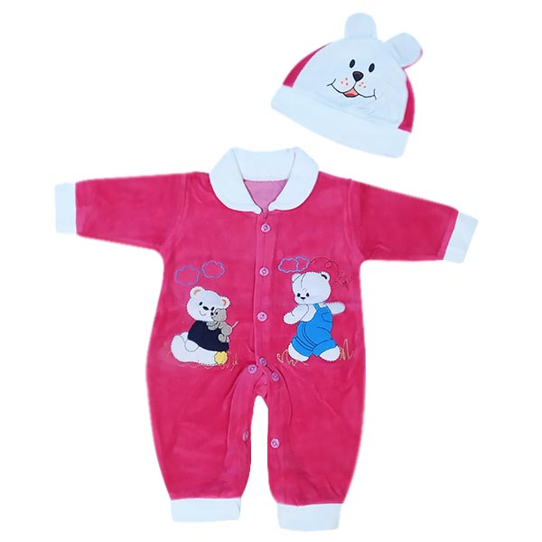 ست سرهمی و کلاه نوزادی نسیم طرح خرسی رنگ سرخابی 