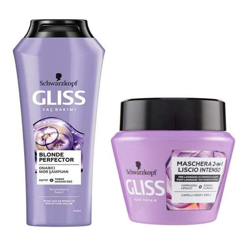 شامپو تقویت کننده مو گلیس مدل BLONDE PERFECTOR حجم 250 میلی لیتر به همراه ماسک مو گلیس مدل LISCIO INTENSO حجم 300 میلی لیتر