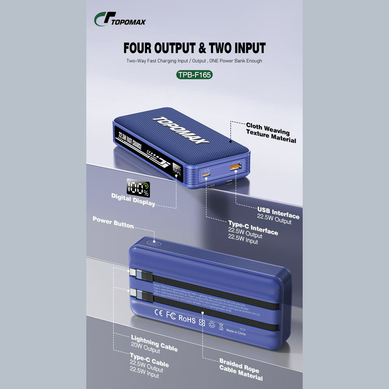 پاوربانک 22.5 وات توپومکس مدل F165 ظرفیت 20000 میلی آمپر ساعت به همراه کابل لایتنینگ و USB-C
