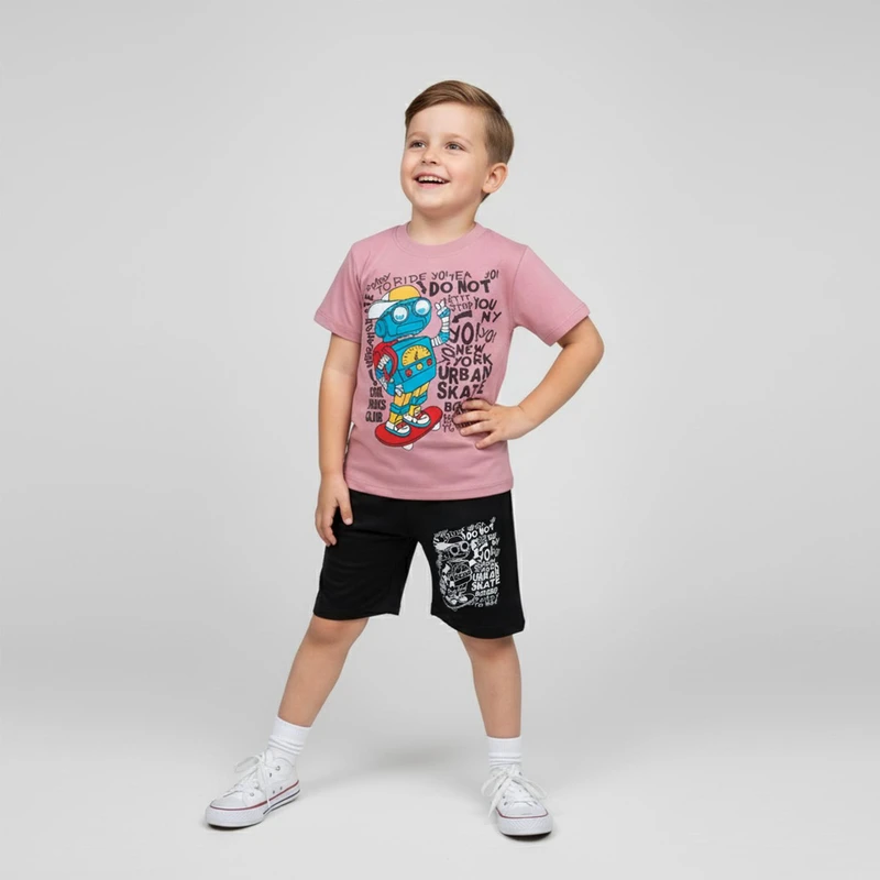 ست تی شرت آستین کوتاه و شلوارک پسرانه چیندکا مدل ربات کد 1006