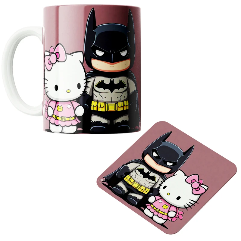 ماگ مدل بتمن و هلو کیتی کد 52  به همراه زیرلیوانی