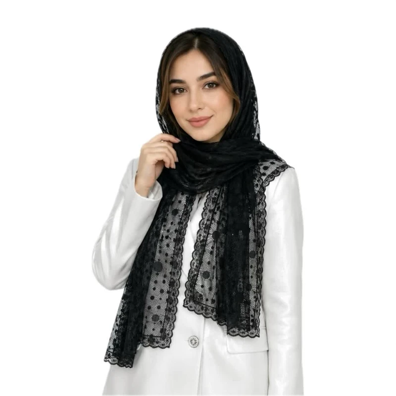 شال زنانه تور خال‌خالی نوار دوزی مدل E300