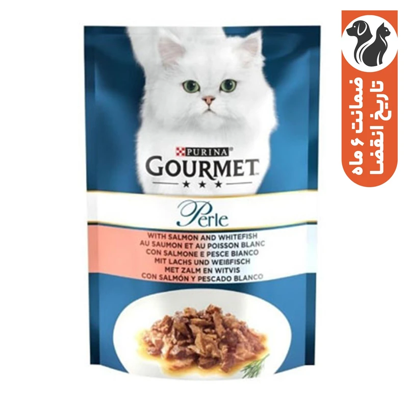 پوچ گربه بالغ گورمت مدل نچرال طعم ماهی سفید و سالمون وزن 85 گرم