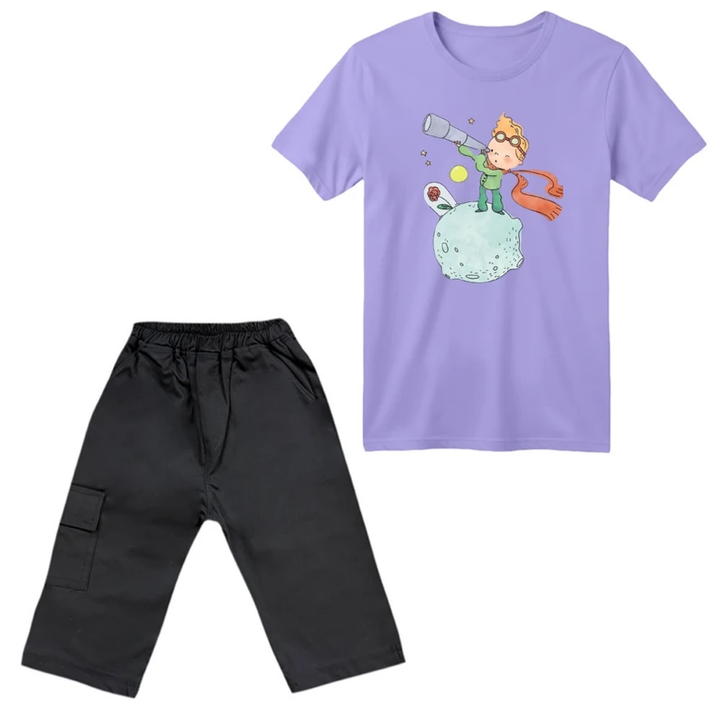 ست تی‌شرت آستین کوتاه و شلوارک پسرانه مدل شازده کوچولو و تلسکوپ رنگ یاسی