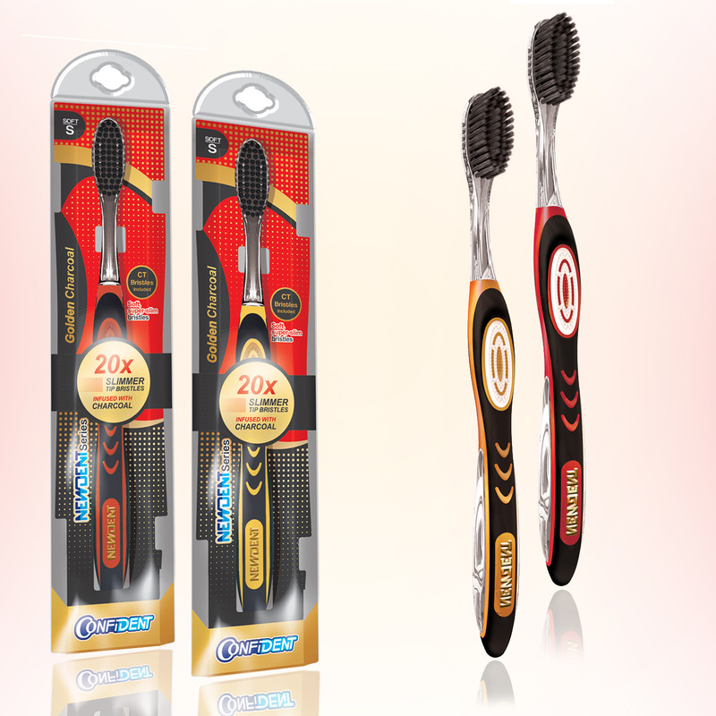 مسواک کانفیدنت مدل Golden Charcoal با برس نرم مجموعه 2 عددی