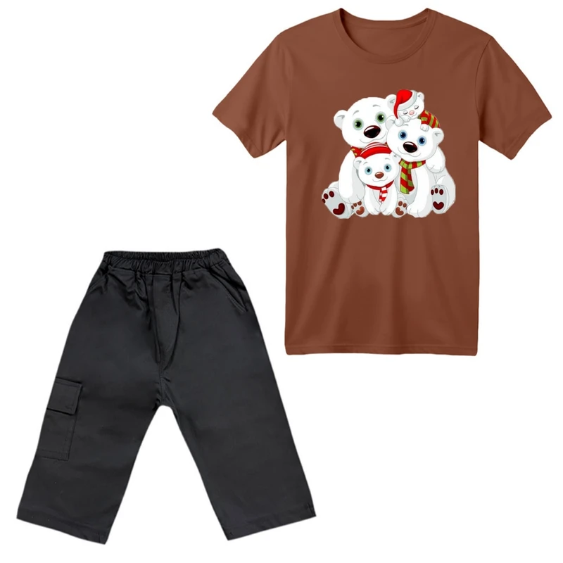 ست تی‌شرت آستین کوتاه و شلوارک پسرانه مدل خرس کریسمس کد 1