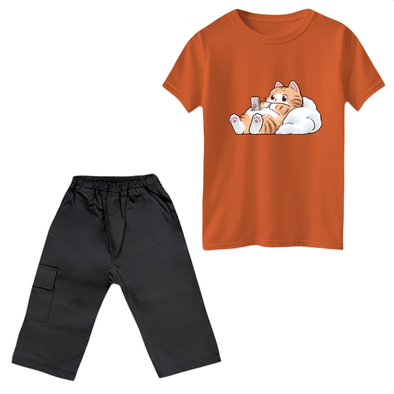 ست تی‌شرت آستین کوتاه و شلوارک دخترانه مدل گربه و بالشت