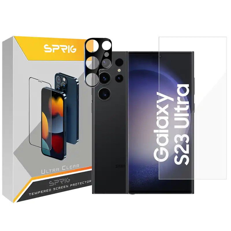 محافظ لنز دوربین اسپریگ مدل 3D-UV مناسب برای گوشی موبایل سامسونگ Galaxy S23 Ultra به همراه محافظ صفحه نمایش