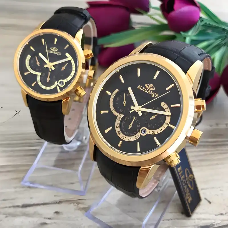 ست ساعت مچی عقربه ای زنانه و مردانه الگانس مدل بند چرمی تک موتوره کد 07