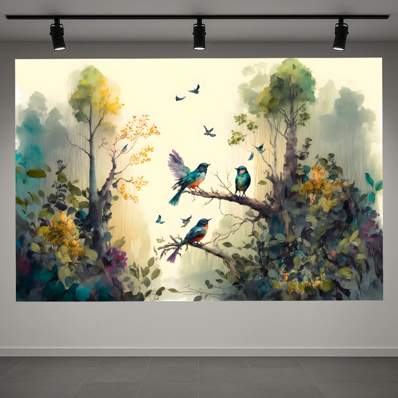 پوستر پارچه ای طرح مخمل نقاشی طبیعت سبز مدل پرندگان کد AR3059335