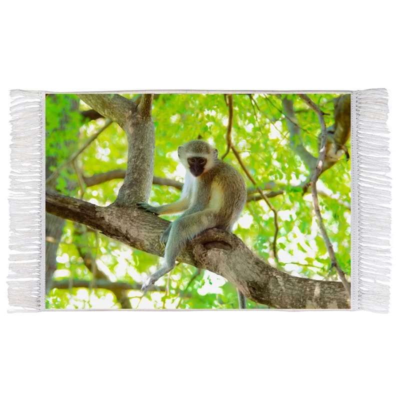 فرش ماشینی دیوارکوب اطلس آبی طرح جنگل و میمون مدل T1998 