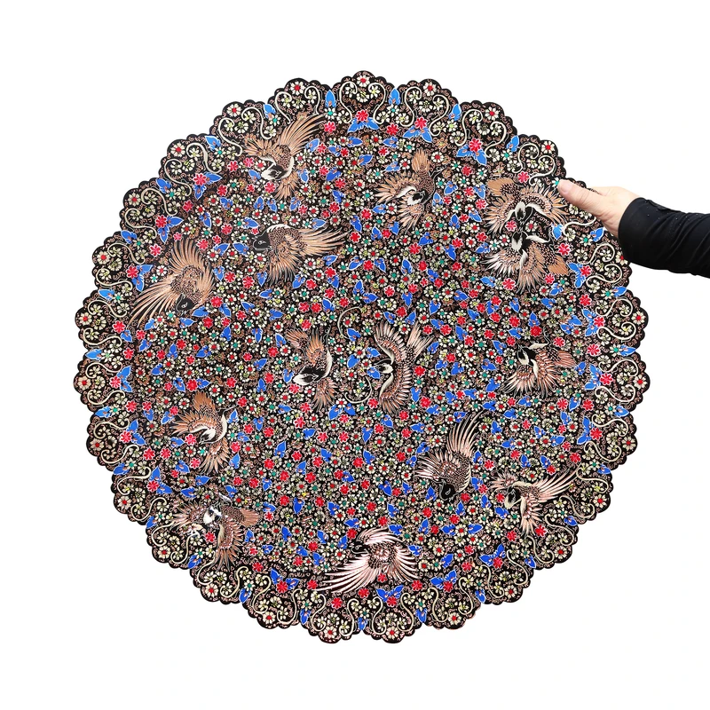 عکس شماره 3 : سینی مسی صنایع دستی فاخر مدل الماس تراش نقره کوب و پرداز طرح ۱۴ پرنده کد hq60