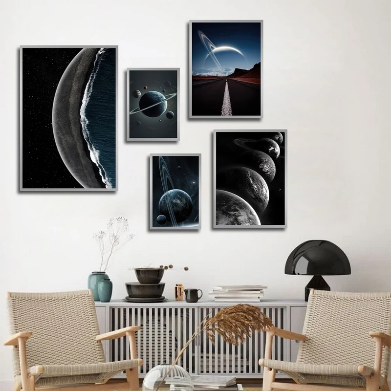 تابلو ساده بکلیت طرح کهکشان و سیاره مدل شاین اکلیلی SI-2772 فریم نقره ای مجموعه 5 عددی