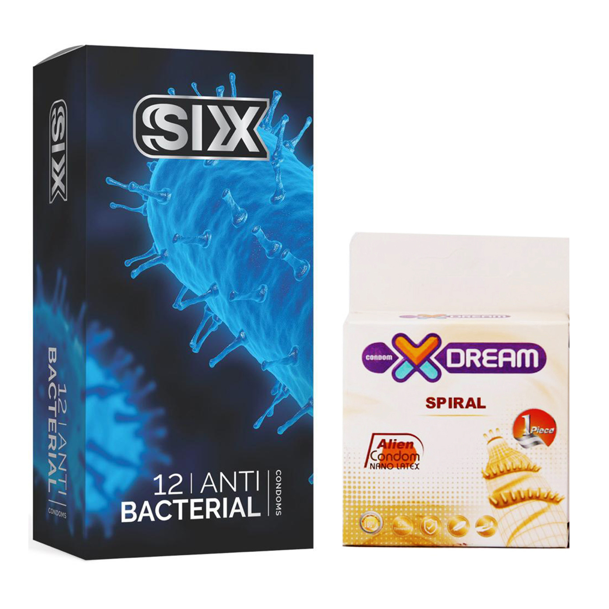 کاندوم سیکس مدل Anti Bacterial بسته 12 عددی به همراه کاندوم ایکس دریم مدل Spiral