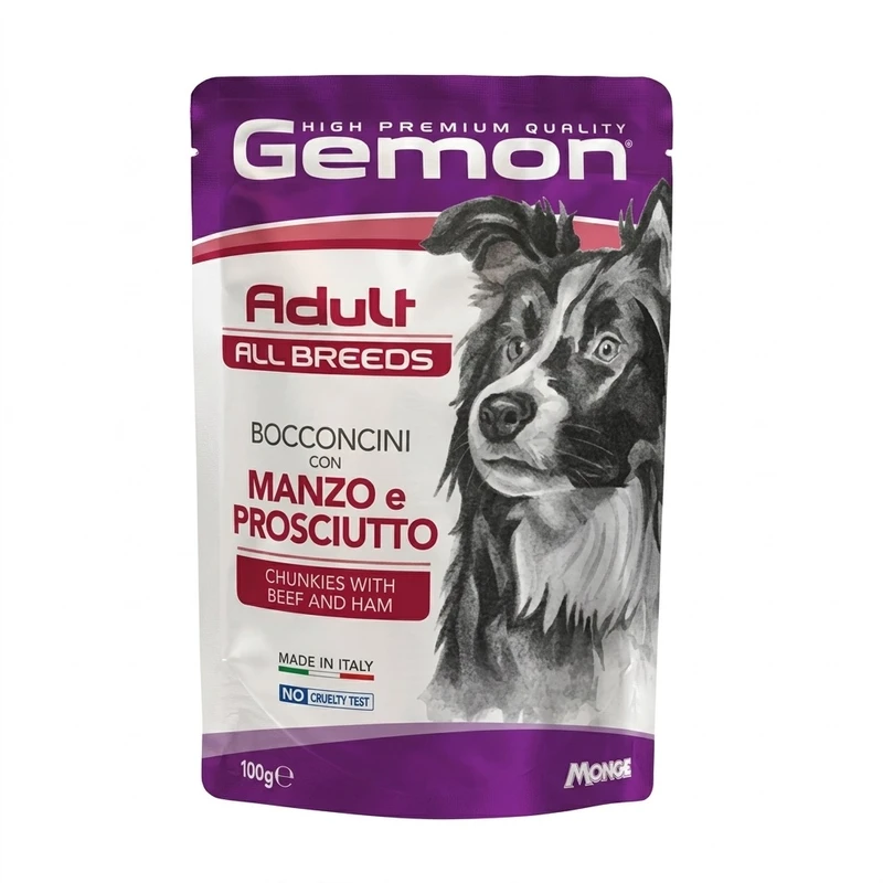 پوچ سگ بالغ مونژه مدل Gemon All Breeds Adult Dog Chunk با طعم گوشت گاو و ژامبون وزن 100 گرم