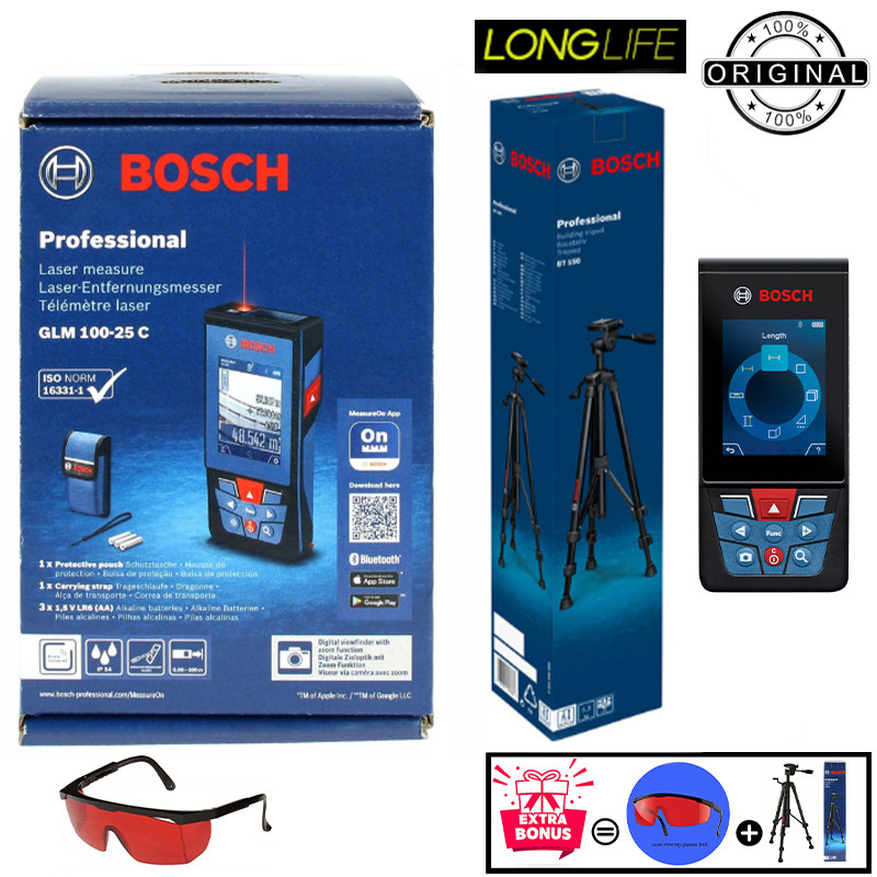 متر لیزری بوش مدل دوربین دار GLM 100-25 C Professional به همراه سه پایه و عینک لیزر برد 100 متر