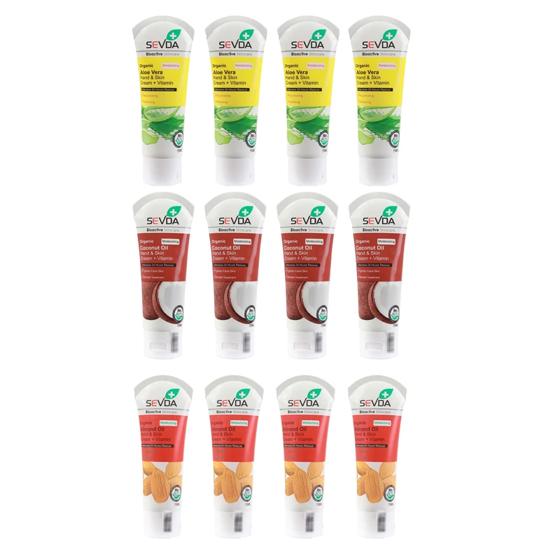 کرم مرطوب‌کننده دست، صورت سودا مدل بادام و آلوئه ورا و نارگیل مناسب برای انواع پوست حجم 75 میلی‌لیتر مجموعه 12 عددی
