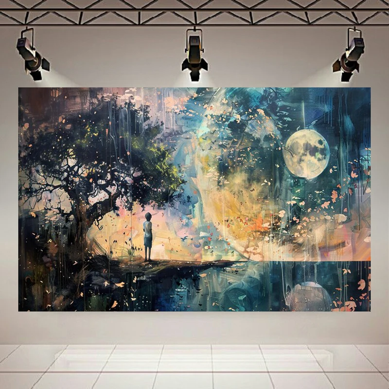 تابلو بوم طرح مخمل پسرک و دریاچه مدل ماه کامل کد AR3058270