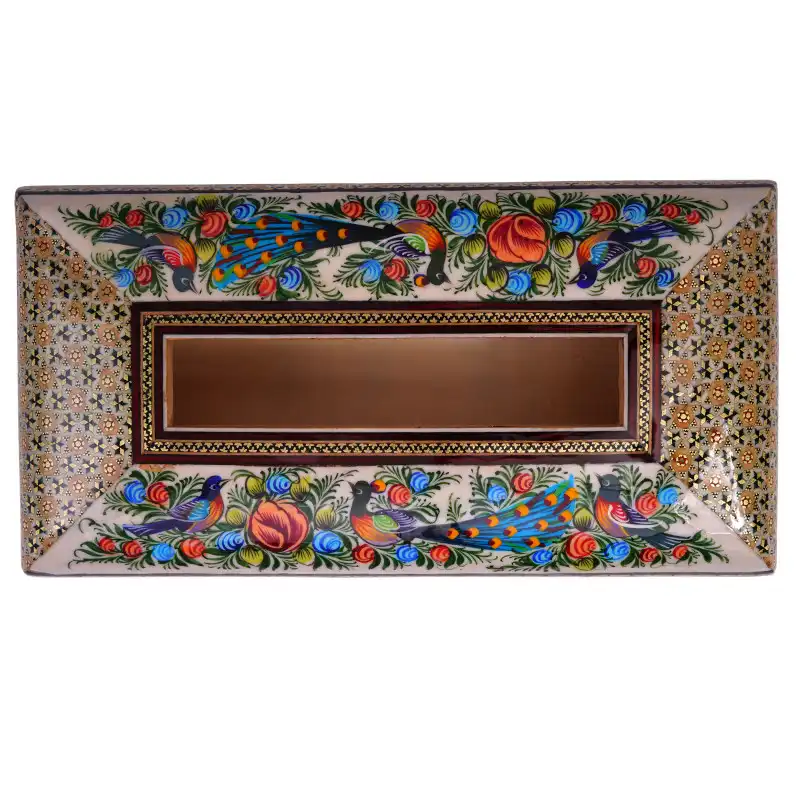 جعبه دستمال کاغذی خاتم کاری مدل گل و مرغ کد 2414