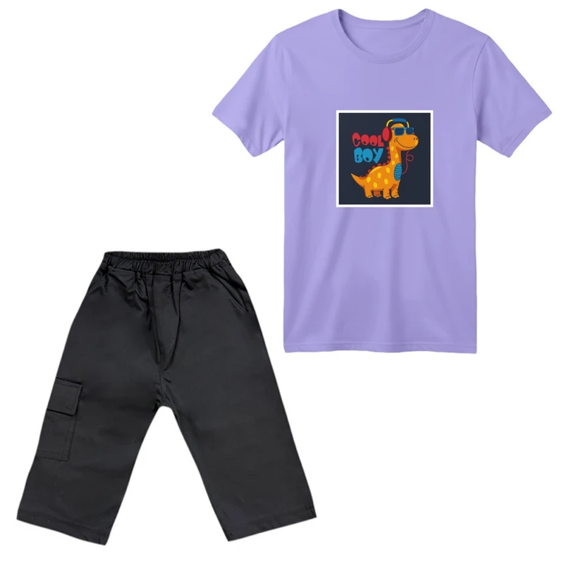 ست تی‌شرت آستین کوتاه و شلوارک پسرانه مدل دایناسور کد 01