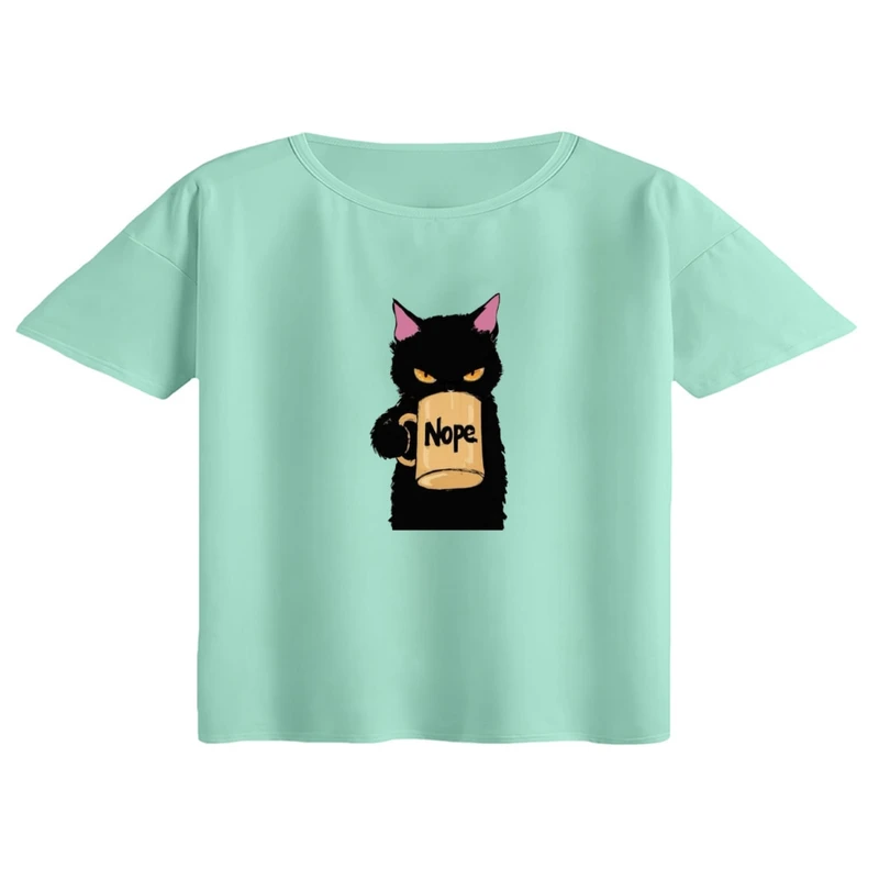 کراپ تی‌شرت آستین کوتاه زنانه مدل گربه خشمگین