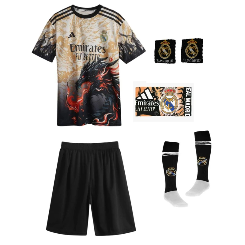 ست 6 تکه لباس ورزشی پسرانه مدل دراگون رئال مادید طرح امباپه با بازوبند کد k2026