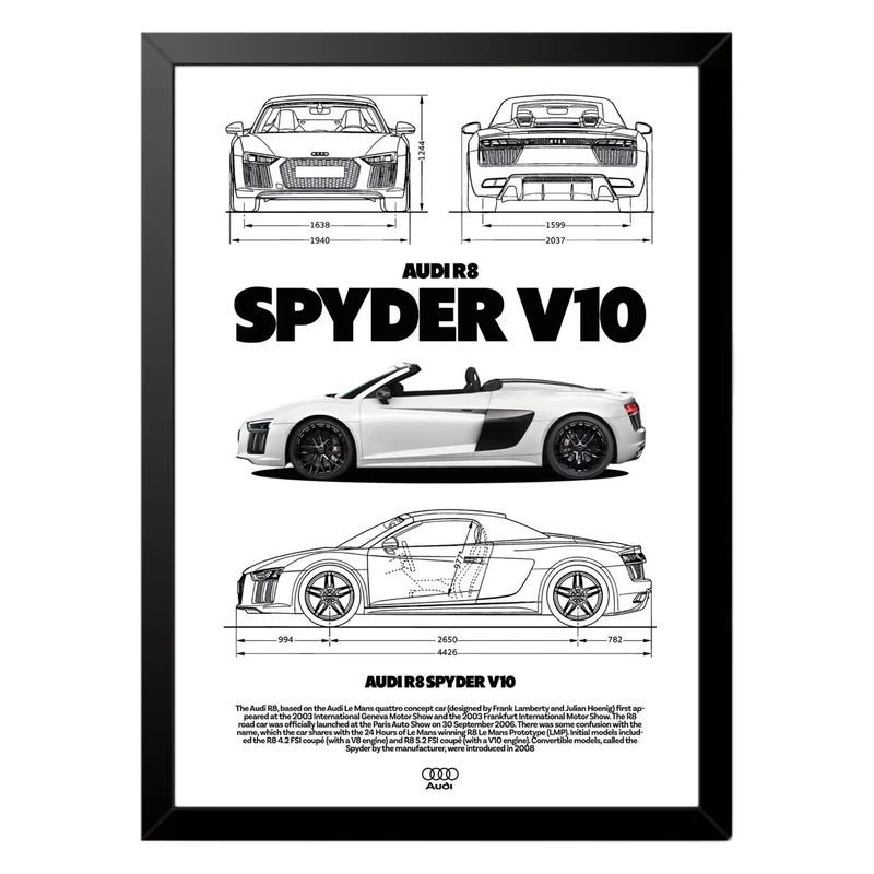 تابلو بکلیت طرح ماشین و خودرو آئودی AUDI R8 SPYDER V10 مدل b-po1560 فریم مشکی