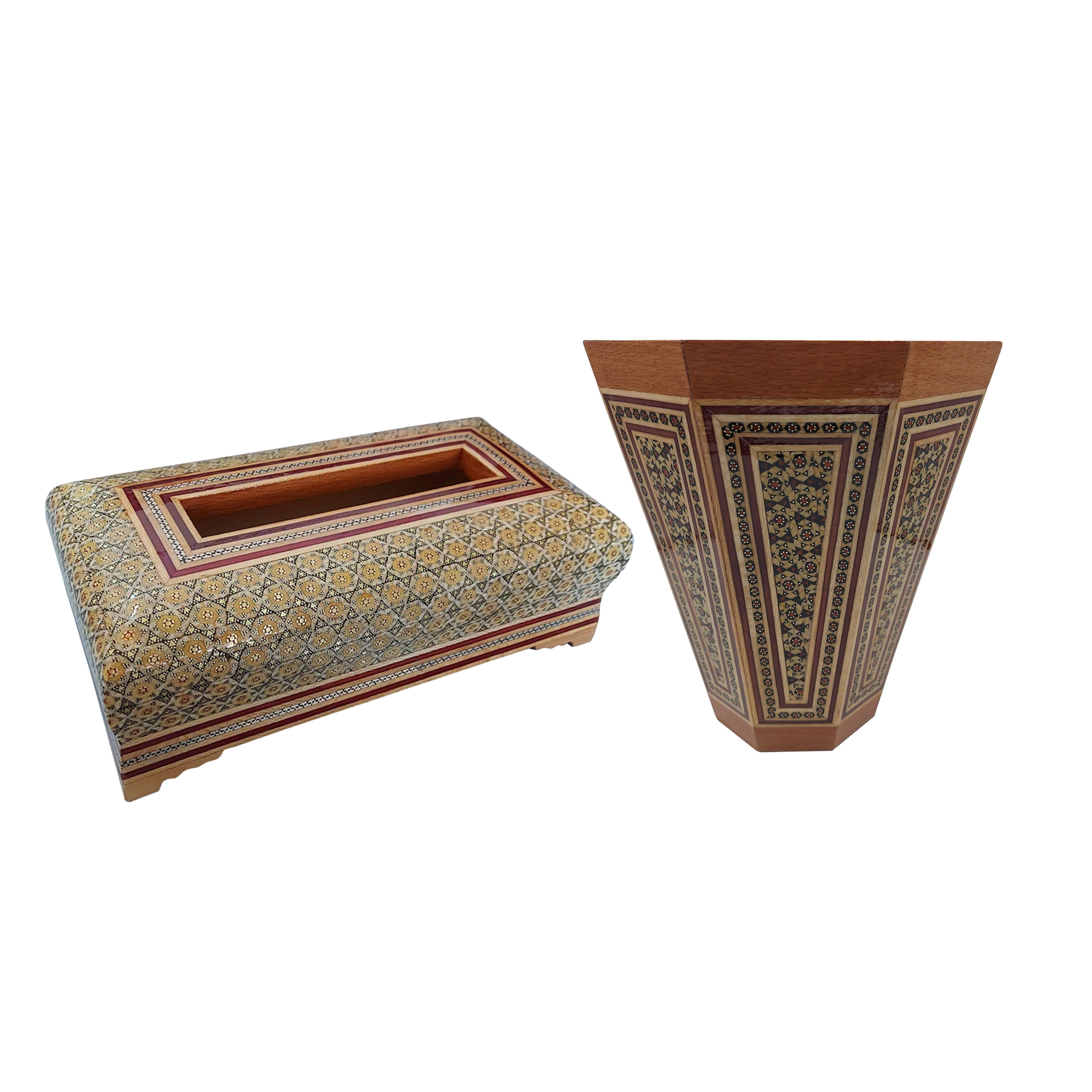 جعبه دستمال کاغذی خاتم کاری چوبی کد 1 به همراه سطل