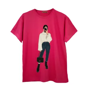 تی شرت استین کوتاه زنانه مدل دختر ایستاده رنگ سرخابی