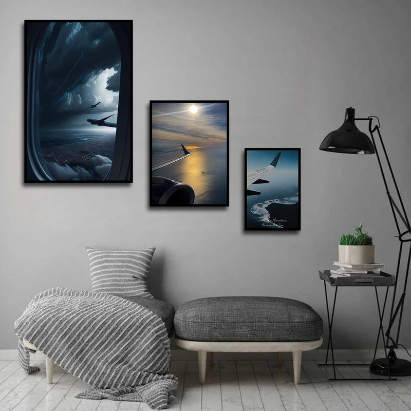 تابلو ساده بکلیت طرح دفترهواپیمایی و پرواز هوایی مدل شاین اکلیلی B-2761 فریم مشکی مجموعه 3 عددی