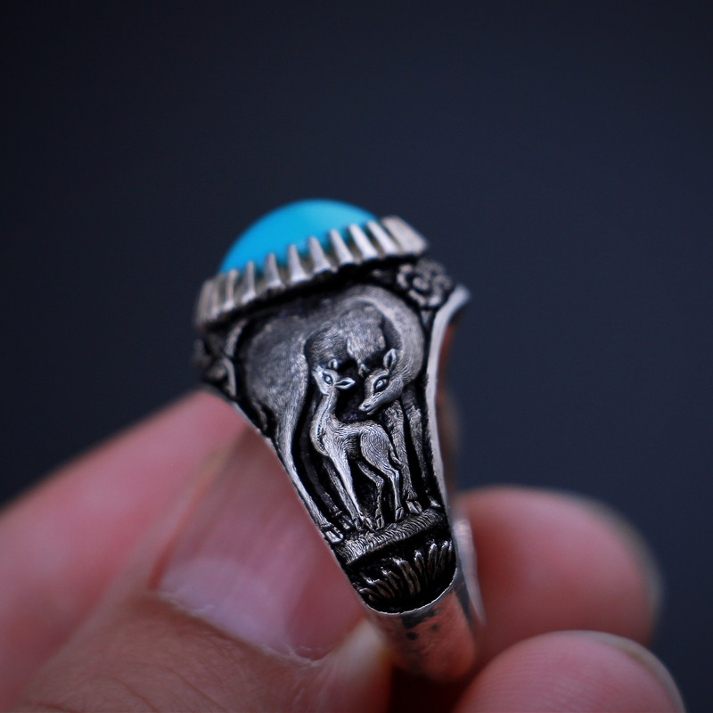 انگشتر نقره مردانه مدل فیروزه طرح آهو انگشتر نقره مردانه مدل فیروزه طرح آهو