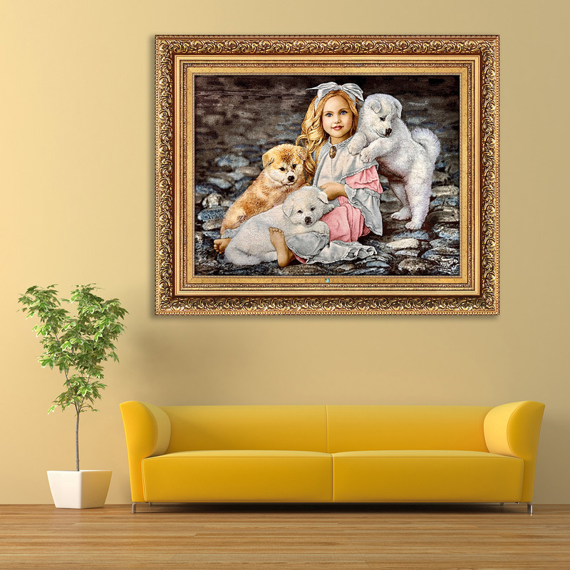 تابلو فرش دستباف فرش میرنظامی مدل دختر و سگ کد 1654
