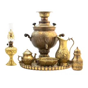 سرویس سماور ذغالی 7 پارچه برنجی مدل توپی کد 3194