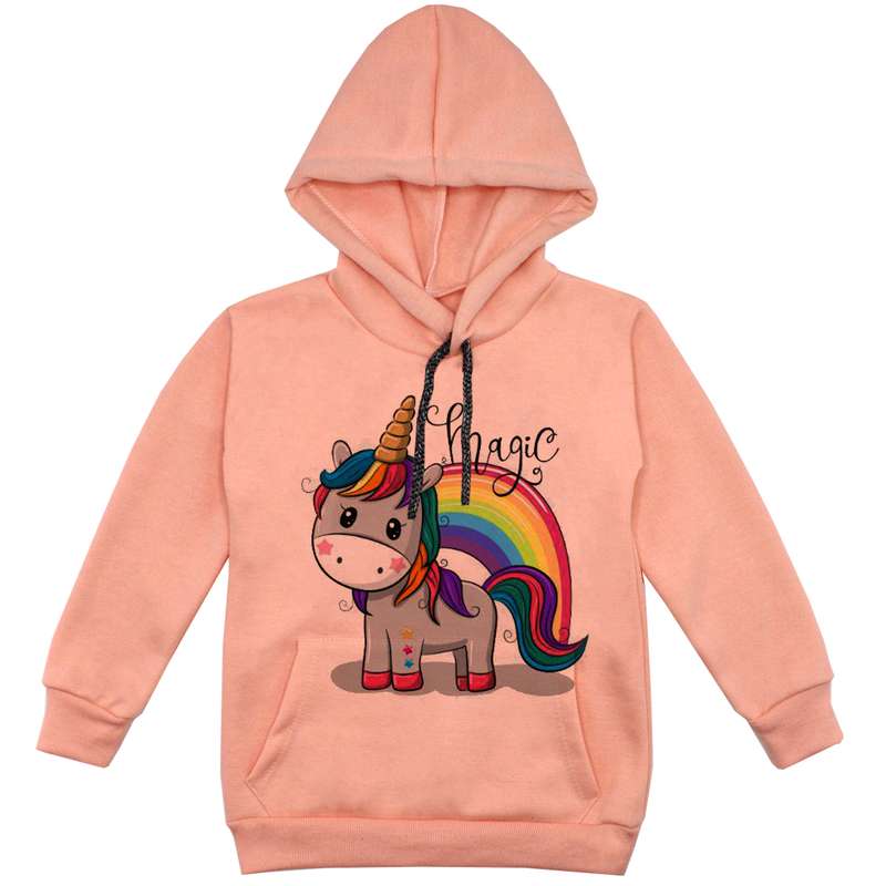 هودی دخترانه مدل تکشاخ رنگین کمان F149 رنگ گلبهی