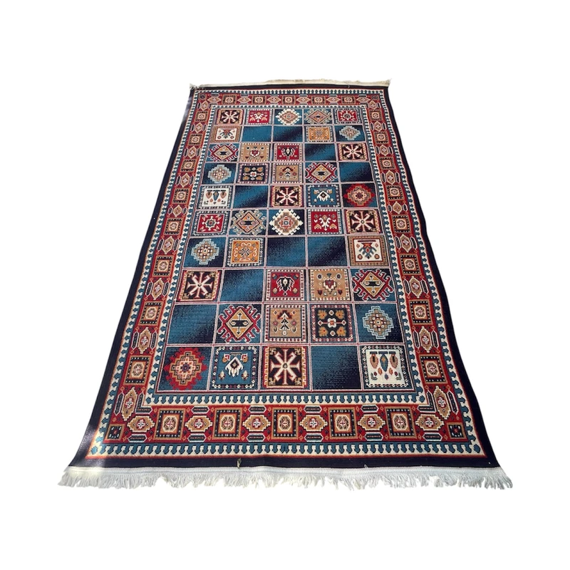 فرش ماشینی 320 شانه زمینه سرمه‌ای حاشیه سرمه ای مدل عشایری