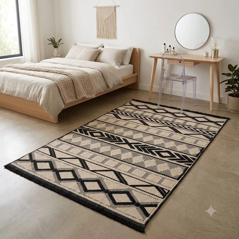 فرش ماشینی 420 شانه زمینه کرم حاشیه مشکی مدل پینترستی کد R35