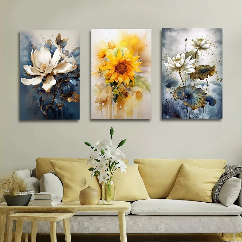 تابلو شاسی بکلیت طرح نقاشی رنگ روغن گل آفتابگردان مدل SH-3066 مجموعه 3 عددی