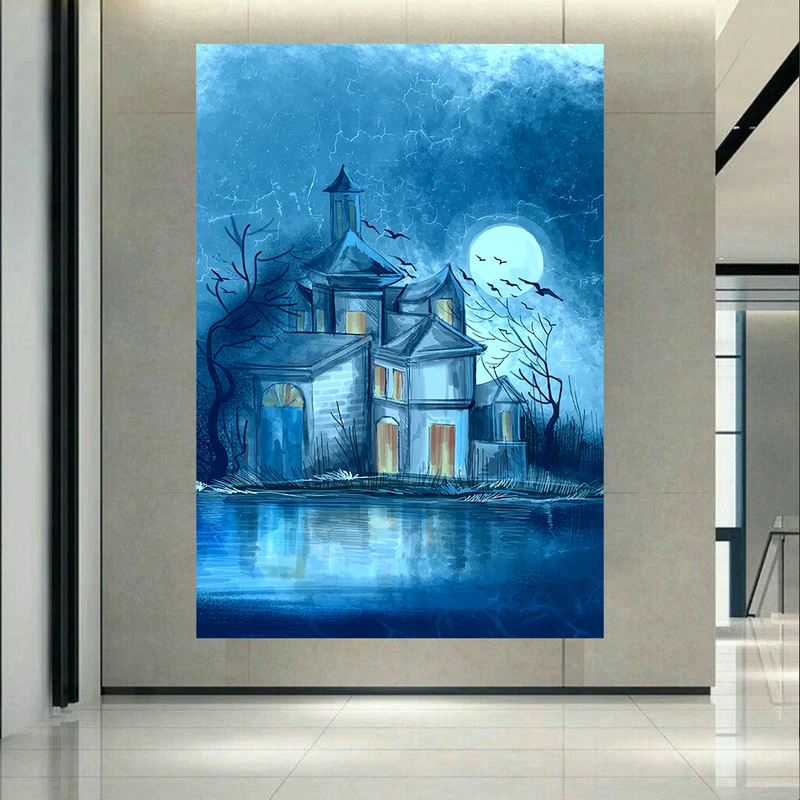  تابلو بوم طرح مخمل خانه متروکه مدل ماه کامل کد AR3058276