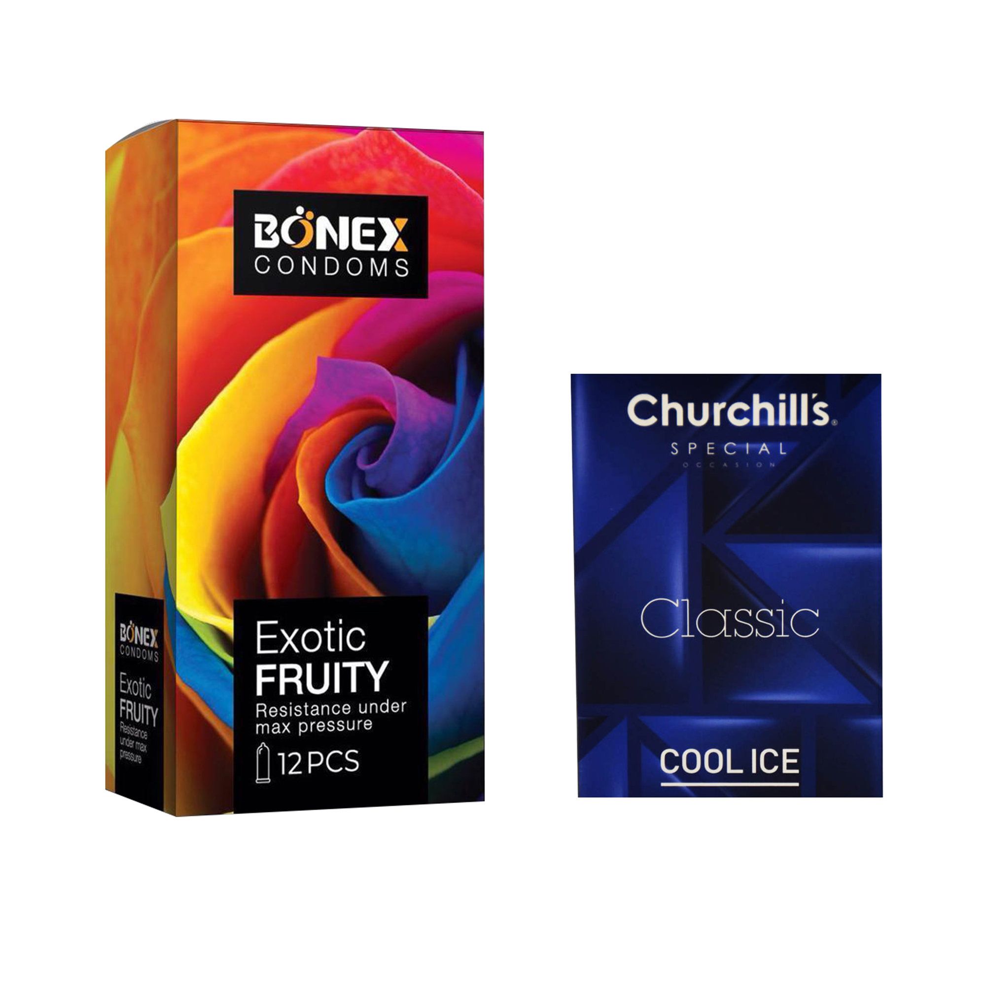 کاندوم بونکس مدل Exotic Fruity بسته 12 عددی به همراه کاندوم چرچیلز مدل Cool Ice بسته 3 عددی