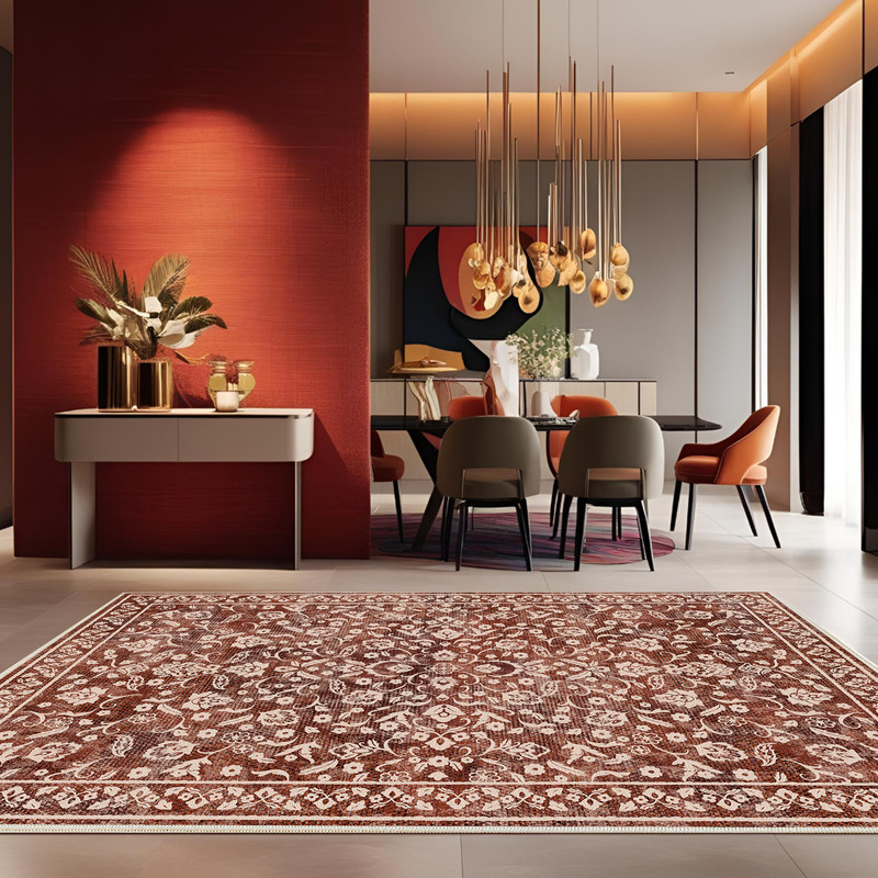 فرش ماشینی 1000 شانه زمینه زرشکی حاشیه قرمز مدل اورکوم مدل نانو چاپ بدون پرز طرح مینیمال مارال کد OR.1121.07