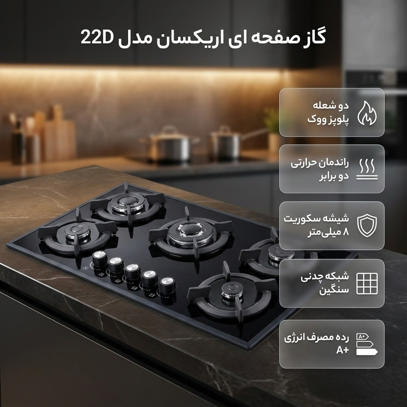 اجاق گاز صفحه ای پنج شعله اریکسان مدل 22D erksn