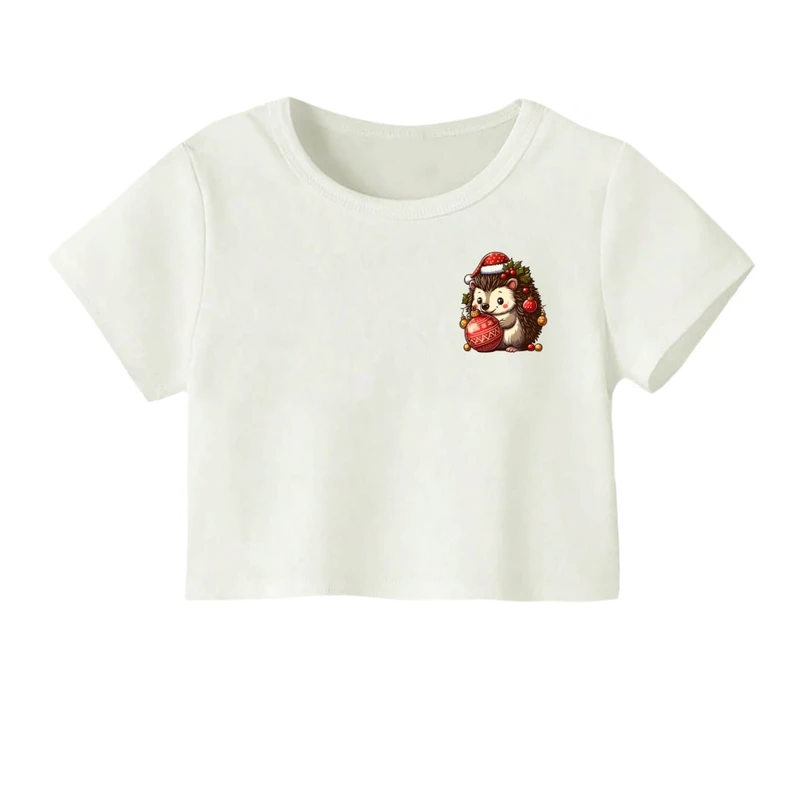 کراپ‌ تی‌شرت آستین کوتاه زنانه مدل جوجه تیغی کریسمس کد 1