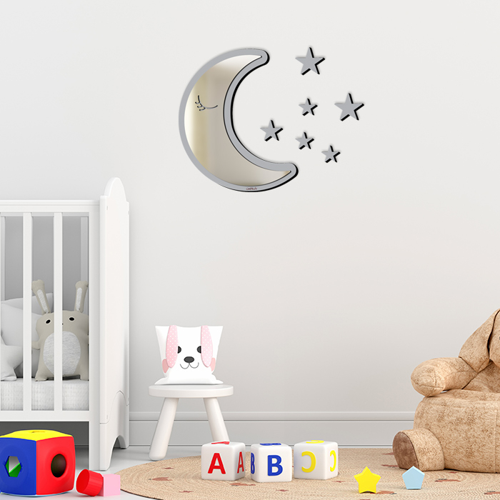 استیکر چوبی کودک باروچین مدل ماه و ستاره آیینه ای مدل m-5-gray مجموعه 7 عددی